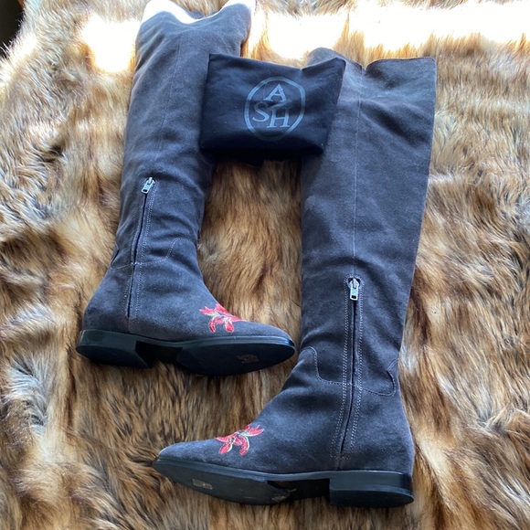 ASH OVER THE KNEE GREY SUEDE EMBROIDERED PINK/RED FLOWERS BOOTS FLAT - Picture 5 of 11